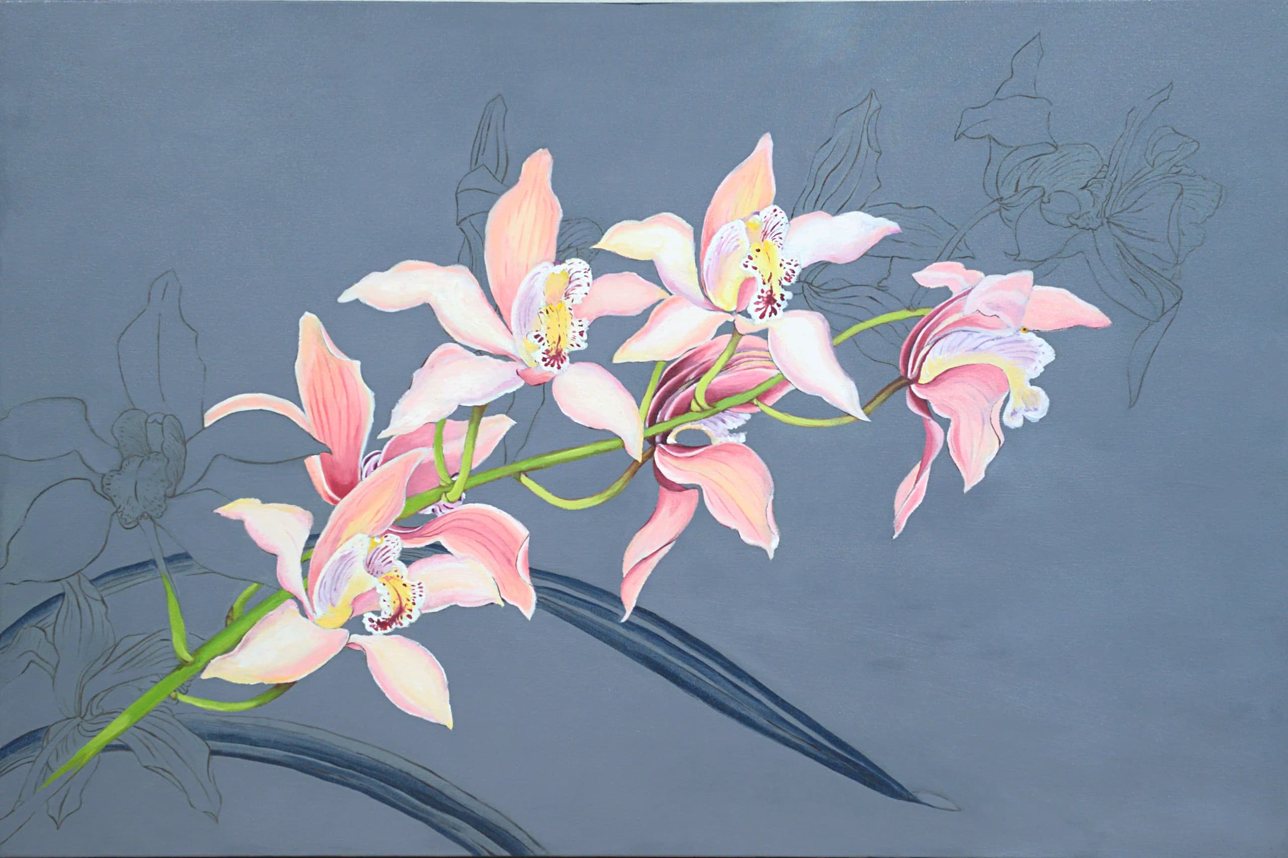 Purple orchids still life with glass jars