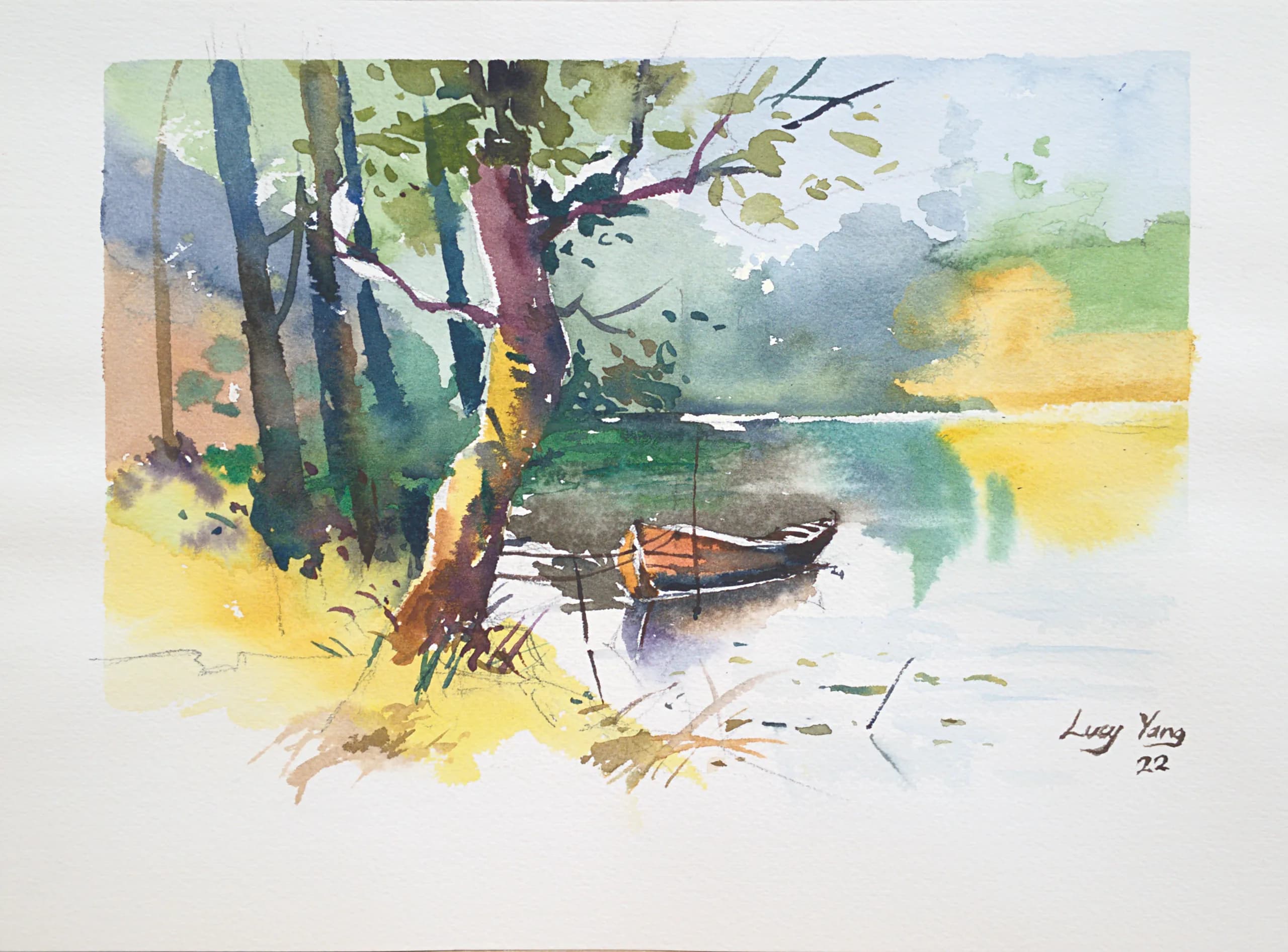Watercolor of sailboats on a mountain lake