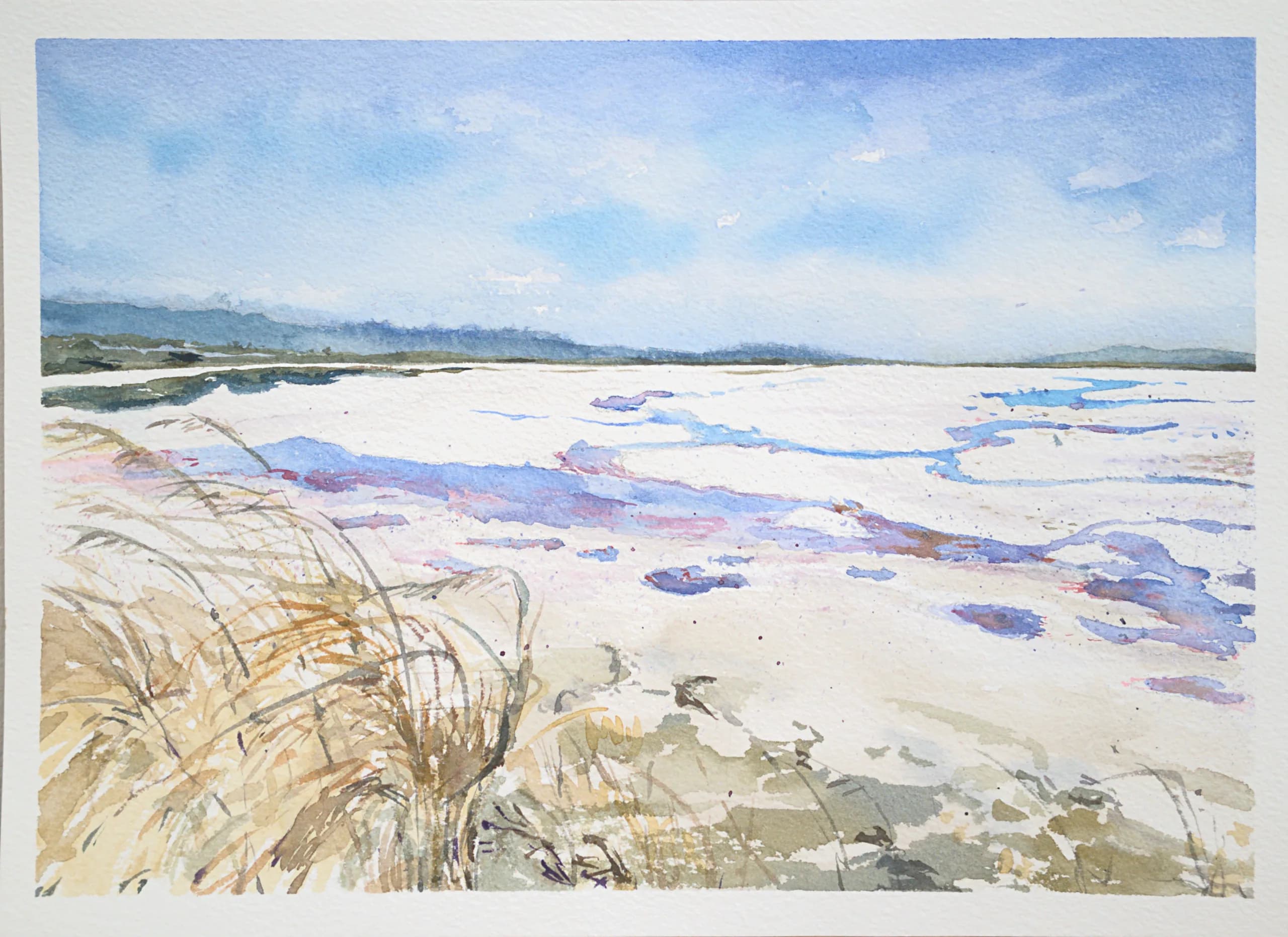 Watercolor shoreline with reflective salt flats