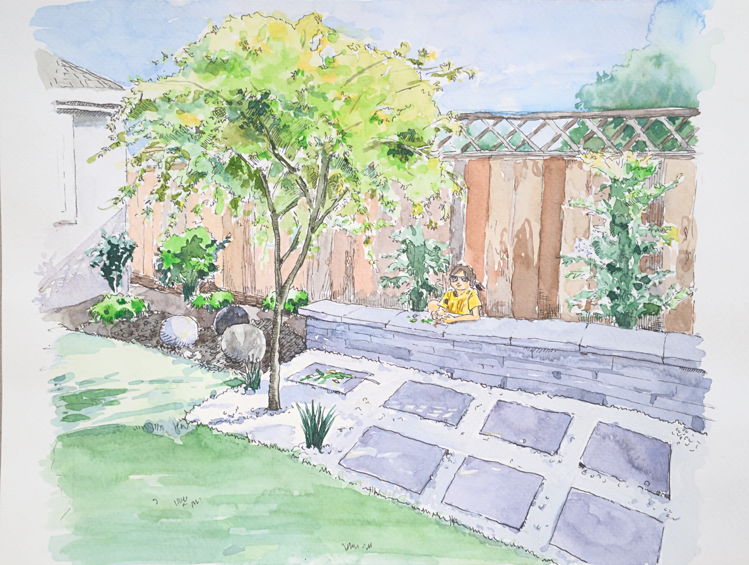 Watercolor of a garden path in dappled light