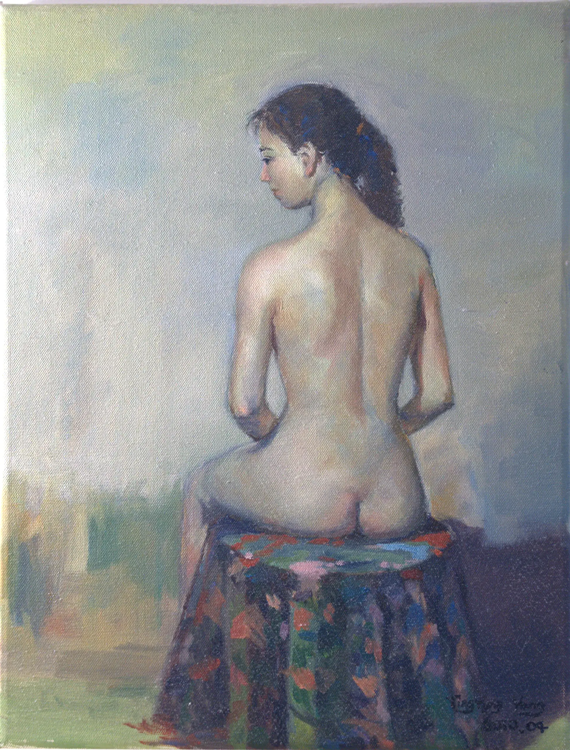 Figure study of a seated woman seen from behind