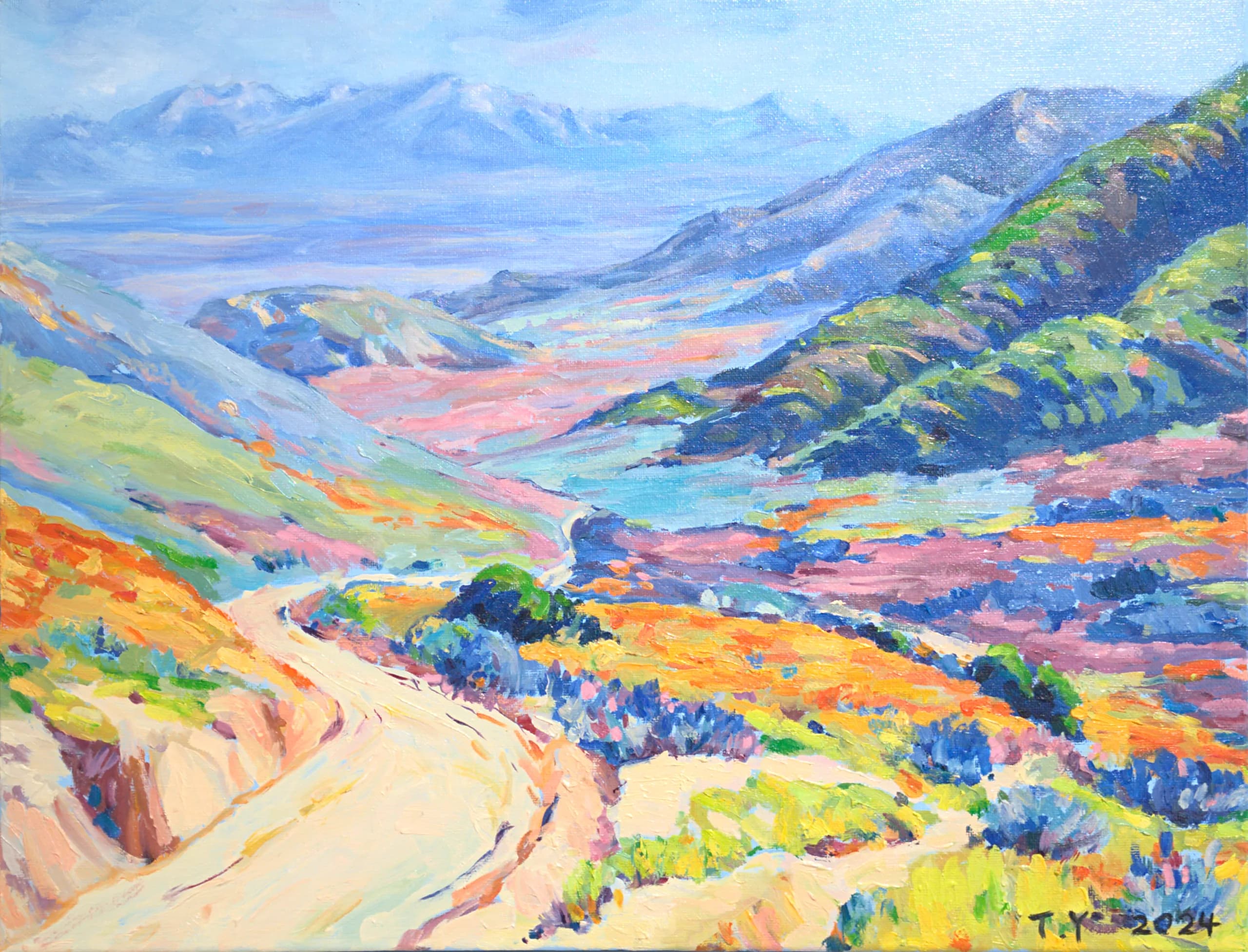 A valley landscape with red-roofed houses, green fields and layered blue mountains