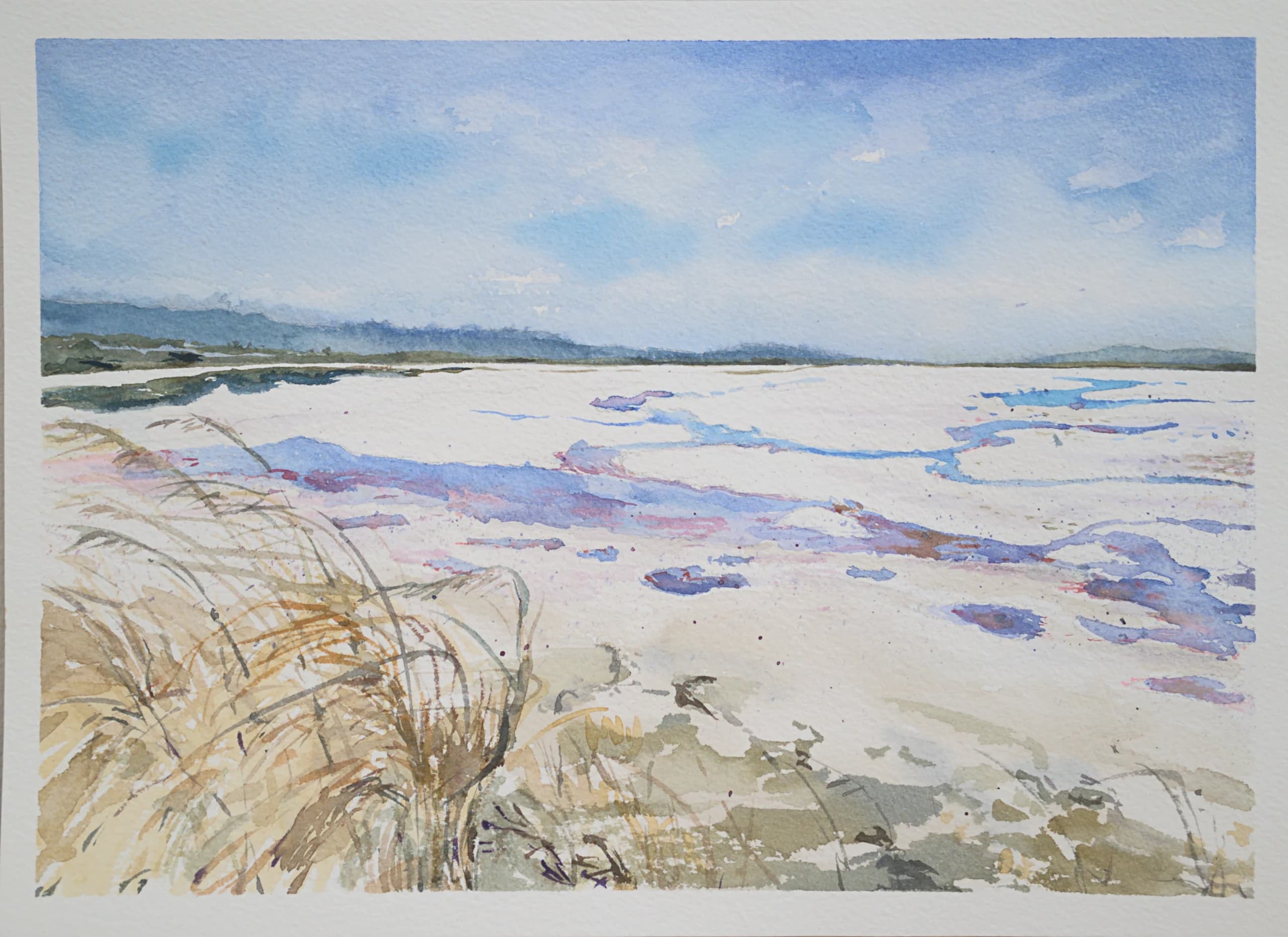 Watercolor shoreline with reflective salt flats