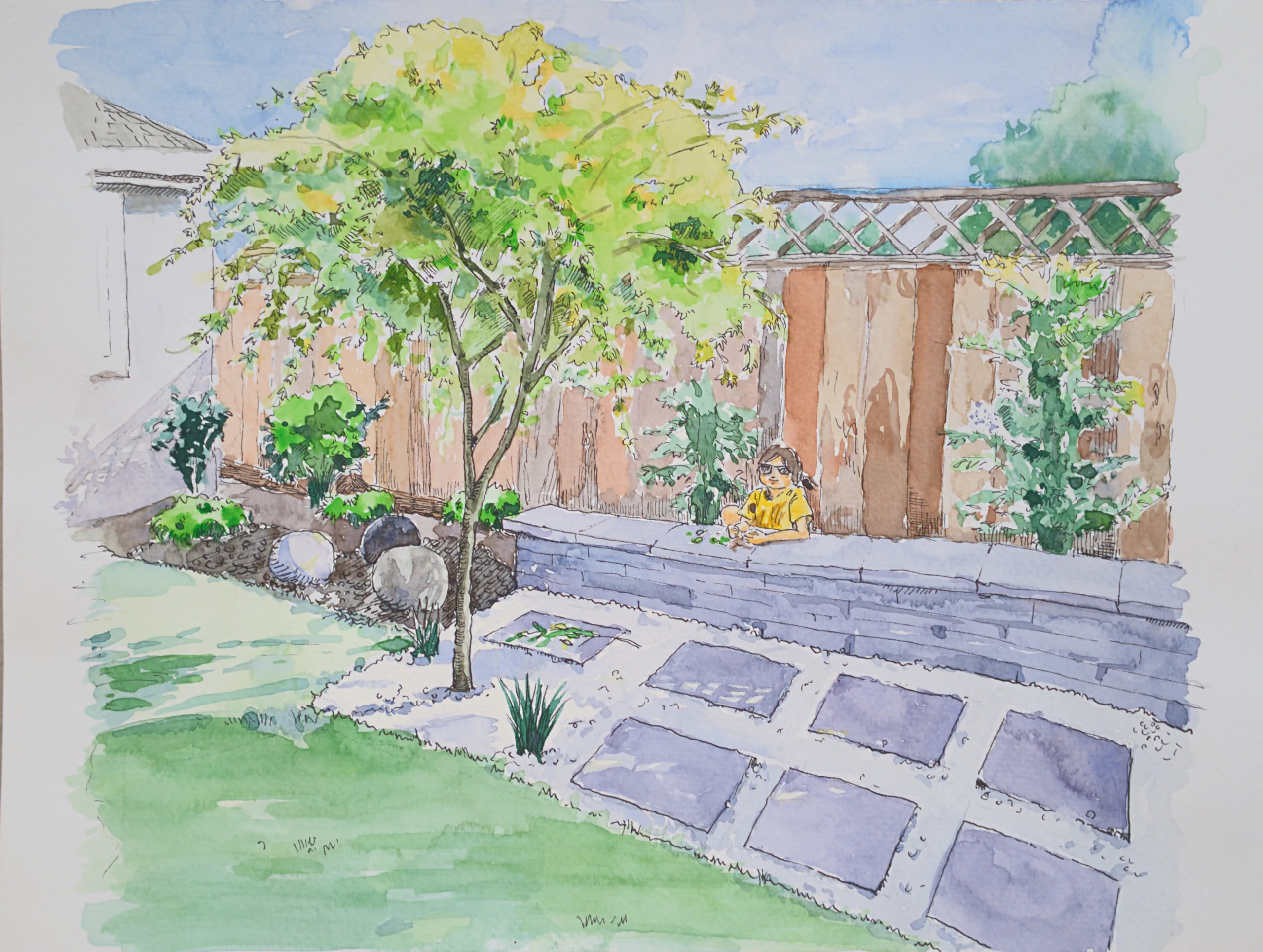Watercolor of a garden path in dappled light