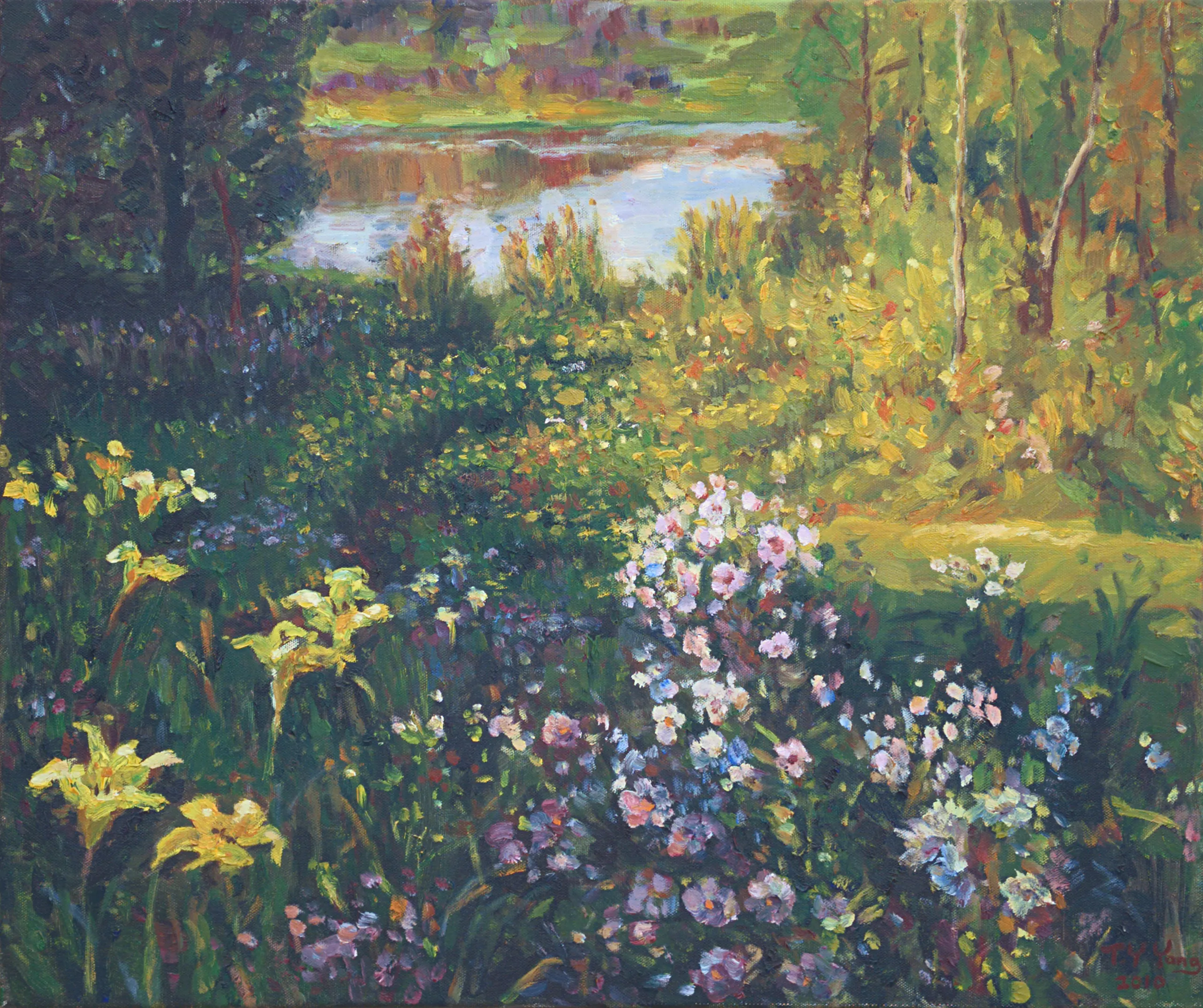 A dark, still pond surrounded by dense garden growth