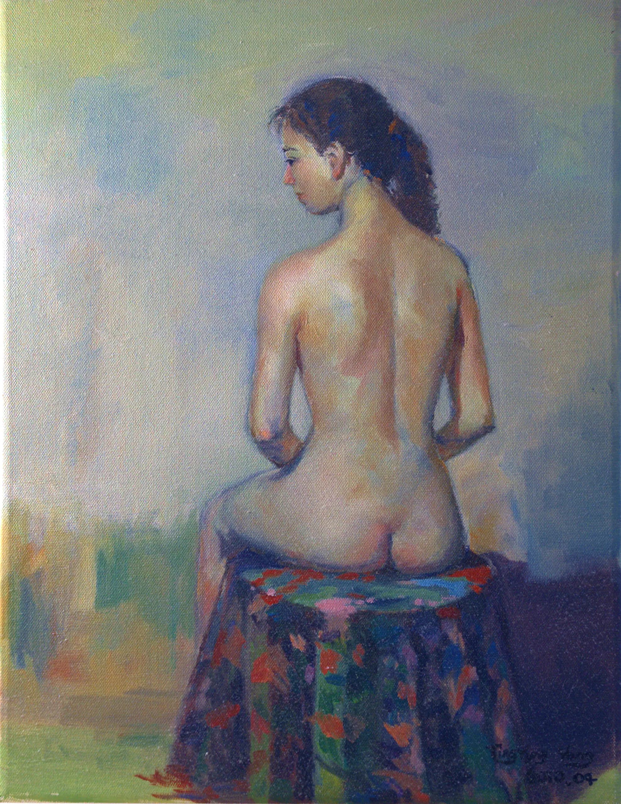 Figure study of a seated woman seen from behind