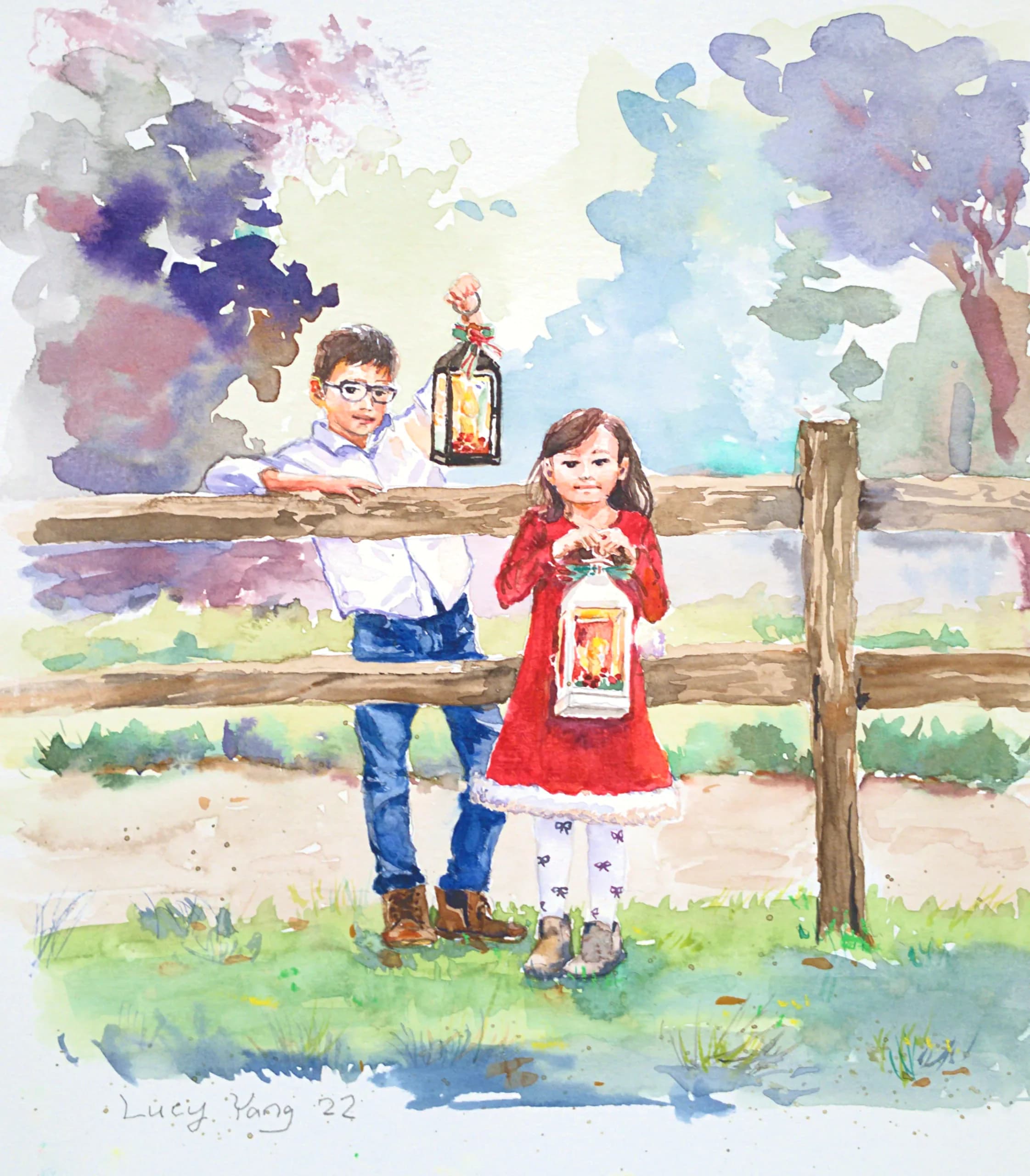 Watercolor of two children holding lanterns beside a wooden fence, trees behind